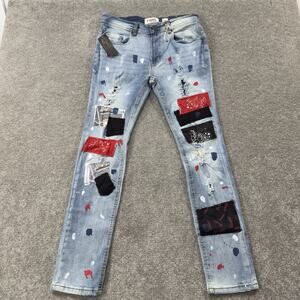 Mens FWRD Denim Slim Fit Patchwork Bandana Paint Splatter Distressed Jeans 30x32
